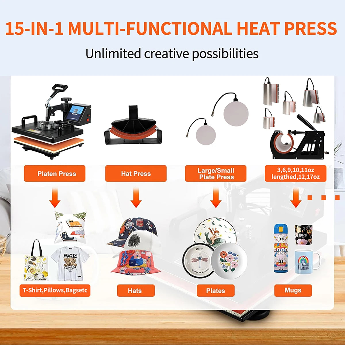 15 in 1 Combo Muntifunctional Sublimation Heat Press Machine Tshirt Heat Transfer Printer for Mug/Cap/Football/Bottle/Pen/Shoes