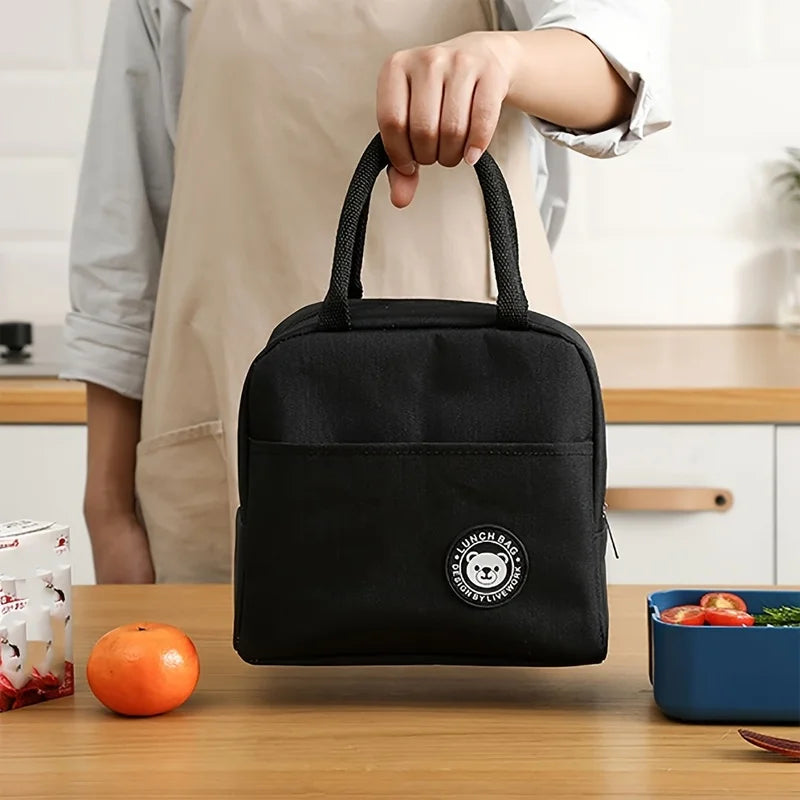 Black Cationic Insulated Lunch Bag, Thermal Food Tote for Work School Picnic, Portable Cooler Bag 1-Pack